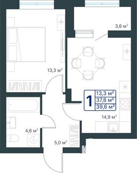1-к квартира, строящийся дом, 40м2, 2/25 этаж