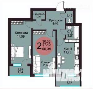 2-к квартира, сданный дом, 60м2, 1/19 этаж