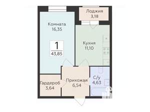 1-к квартира, строящийся дом, 44м2, 2/18 этаж
