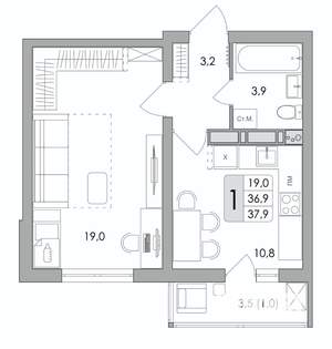 1-к квартира, строящийся дом, 38м2, 11/17 этаж