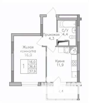 1-к квартира, вторичка, 38м2, 16/25 этаж
