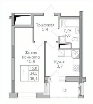 1-к квартира, строящийся дом, 36м2, 18/25 этаж