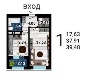1-к квартира, строящийся дом, 39м2, 3/25 этаж