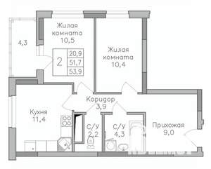 2-к квартира, строящийся дом, 54м2, 6/25 этаж