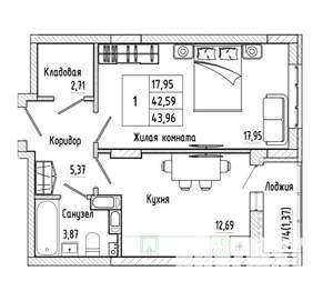 1-к квартира, строящийся дом, 44м2, 16/17 этаж