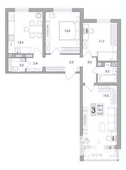 3-к квартира, строящийся дом, 76м2, 9/17 этаж