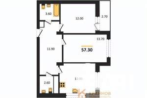 2-к квартира, вторичка, 57м2, 6/13 этаж