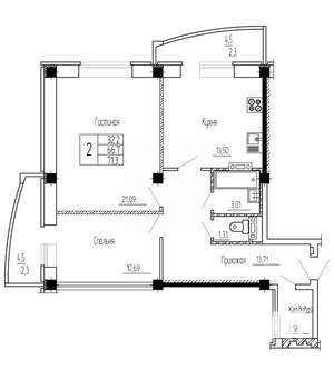 2-к квартира, строящийся дом, 71м2, 13/16 этаж