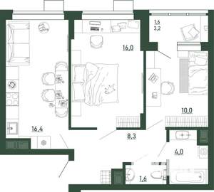 2-к квартира, строящийся дом, 58м2, 1/13 этаж