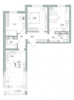 3-к квартира, строящийся дом, 76м2, 1/17 этаж