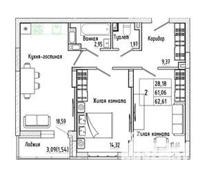 2-к квартира, строящийся дом, 63м2, 12/17 этаж
