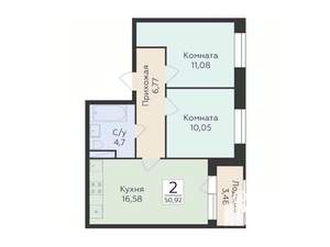 2-к квартира, строящийся дом, 51м2, 4/12 этаж