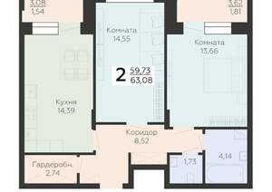 2-к квартира, вторичка, 63м2, 21/24 этаж