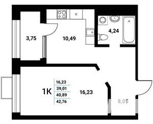1-к квартира, строящийся дом, 41м2, 12/21 этаж