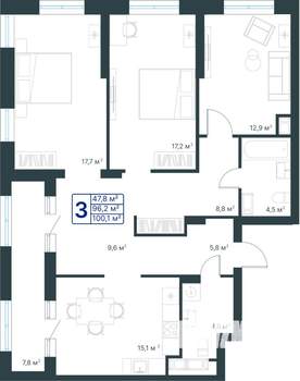 3-к квартира, строящийся дом, 100м2, 13/25 этаж