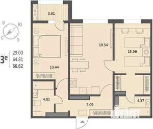 2-к квартира, вторичка, 67м2, 9/18 этаж