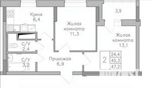 2-к квартира, строящийся дом, 47м2, 17/25 этаж