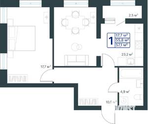 1-к квартира, строящийся дом, 57м2, 2/25 этаж