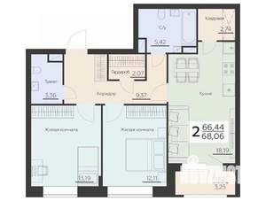 2-к квартира, вторичка, 68м2, 3/8 этаж