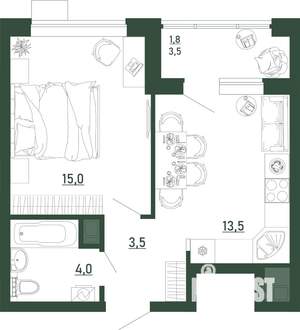 1-к квартира, строящийся дом, 38м2, 2/13 этаж