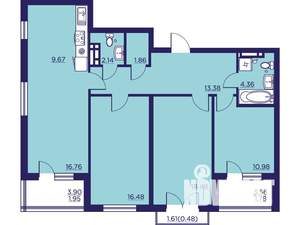 3-к квартира, строящийся дом, 96м2, 13/18 этаж