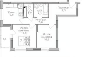 2-к квартира, строящийся дом, 55м2, 3/25 этаж