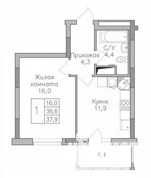 1-к квартира, строящийся дом, 38м2, 9/25 этаж