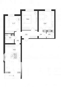 3-к квартира, строящийся дом, 76м2, 12/17 этаж