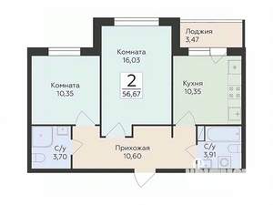 2-к квартира, вторичка, 57м2, 3/14 этаж