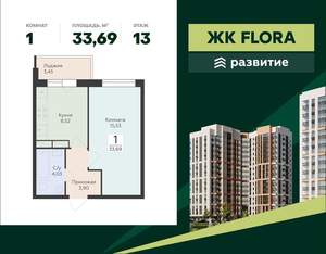 1-к квартира, вторичка, 34м2, 13/18 этаж