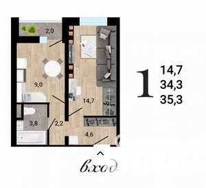 1-к квартира, вторичка, 35м2, 3/15 этаж