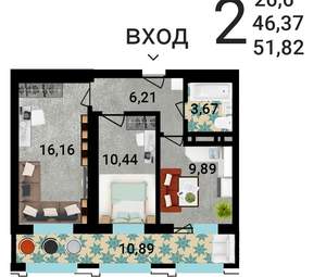 2-к квартира, строящийся дом, 52м2, 2/25 этаж