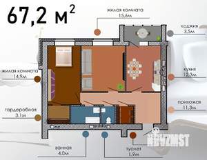 2-к квартира, строящийся дом, 67м2, 15/17 этаж