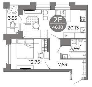 2-к квартира, вторичка, 46м2, 24/25 этаж