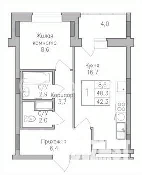 1-к квартира, строящийся дом, 43м2, 1/10 этаж