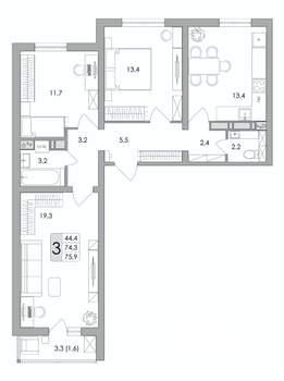 3-к квартира, вторичка, 76м2, 7/17 этаж