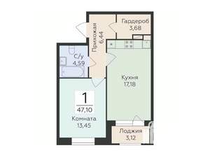 1-к квартира, строящийся дом, 47м2, 8/12 этаж