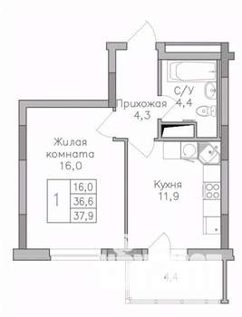 1-к квартира, строящийся дом, 38м2, 21/25 этаж