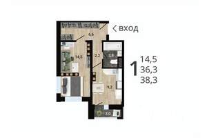 1-к квартира, строящийся дом, 38м2, 13/15 этаж