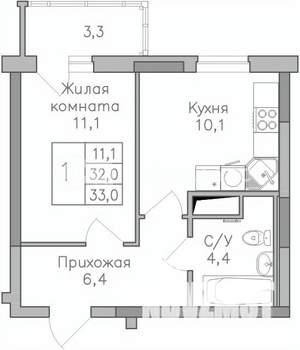 1-к квартира, строящийся дом, 33м2, 21/25 этаж