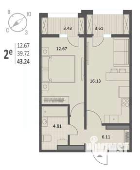 1-к квартира, строящийся дом, 43м2, 17/18 этаж