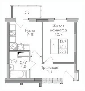 1-к квартира, строящийся дом, 35м2, 18/25 этаж