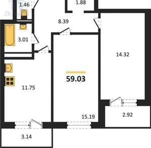 2-к квартира, вторичка, 59м2, 7/17 этаж