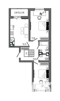2-к квартира, строящийся дом, 65м2, 1/17 этаж