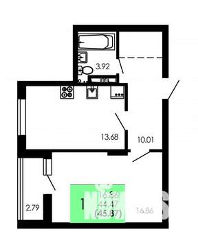 1-к квартира, вторичка, 46м2, 4/9 этаж
