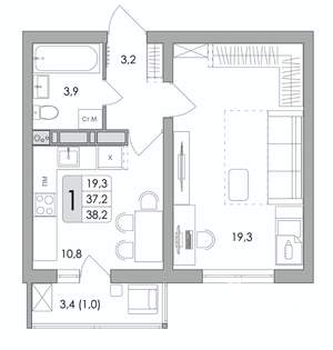 1-к квартира, вторичка, 38м2, 7/17 этаж