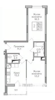 2-к квартира, строящийся дом, 62м2, 25/25 этаж