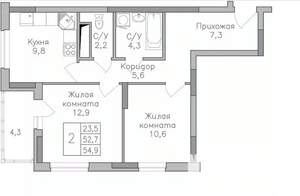 2-к квартира, строящийся дом, 55м2, 12/25 этаж