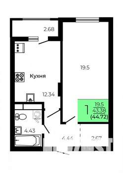 1-к квартира, строящийся дом, 45м2, 8/9 этаж
