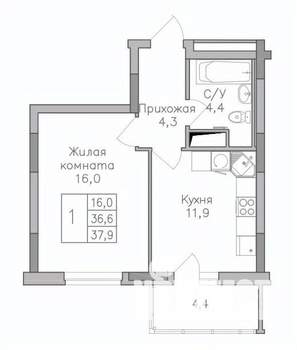 1-к квартира, строящийся дом, 38м2, 4/25 этаж